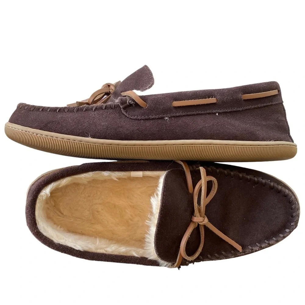 J CREW Suede Moccasin Slippers, Sherpa Fleece, Expresso Brown, Men's Siz…
